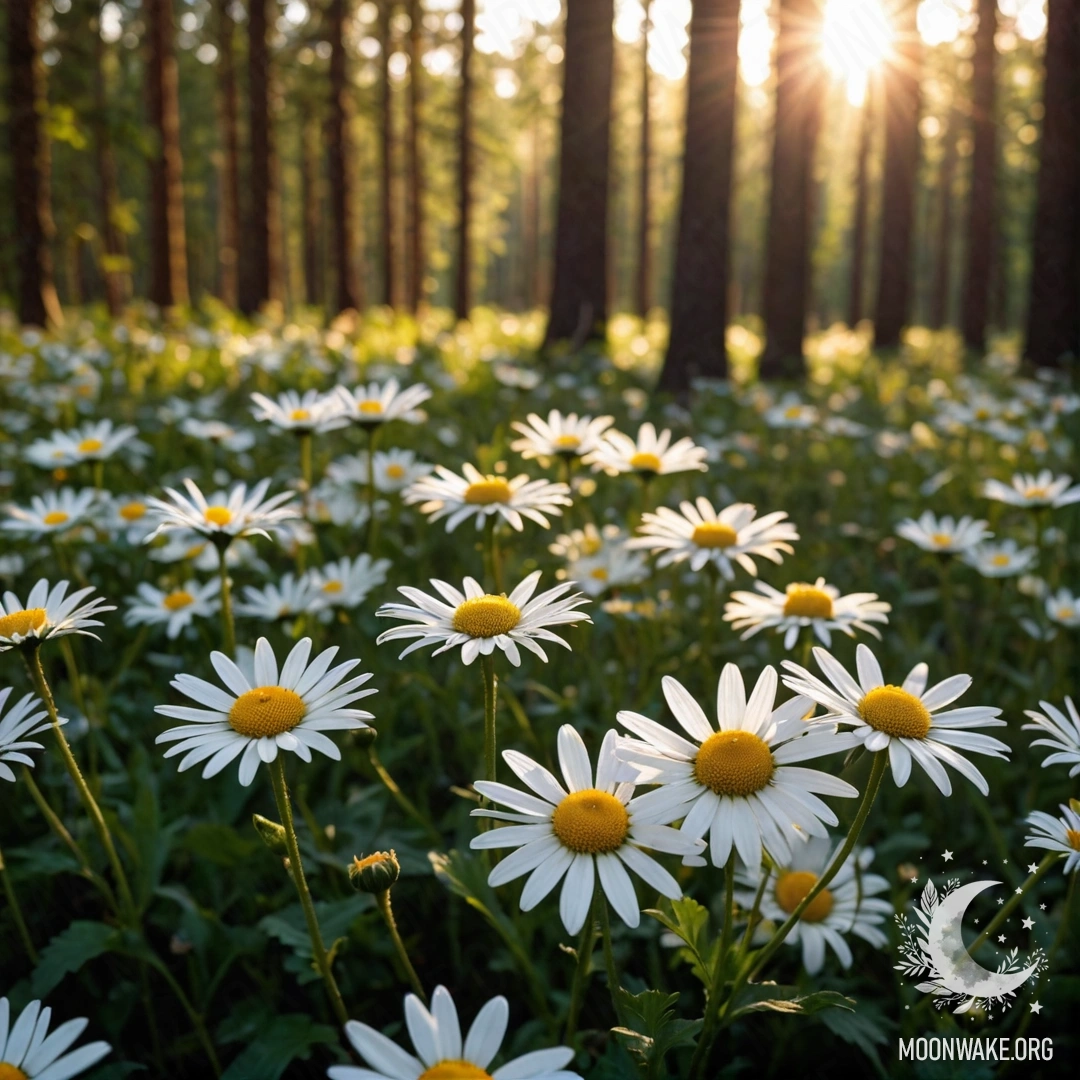 Крупный план ромашек, освещенных закатом сквозь деревья леса