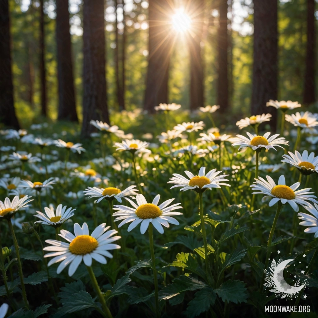 Близкий план ромашек с солнечными лучами, пробивающимися сквозь деревья леса на закате.