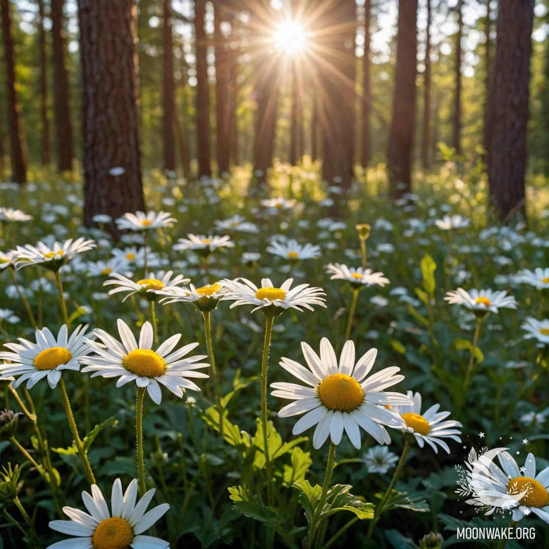 Крупный план ромашек в лесу на закате, солнечные лучи пробиваются сквозь деревья.