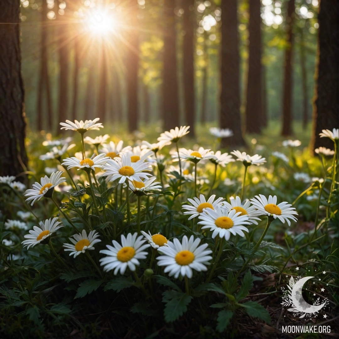 Крупный план ромашек, освещенных нежными гирляндными огнями в лесу на закате.