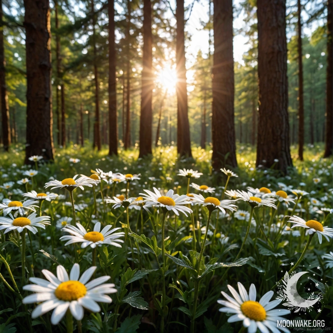 Близкий план маргариток, освещенных лучами солнца на закате в лесу