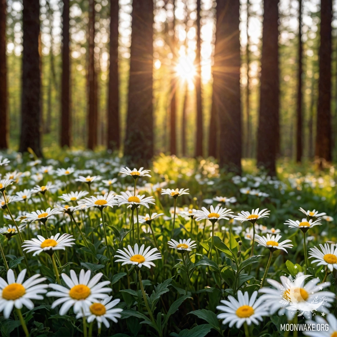 Близкий план ромашек, освещенных закатом в лесу, с солнечными лучами, пробивающимися сквозь деревья.