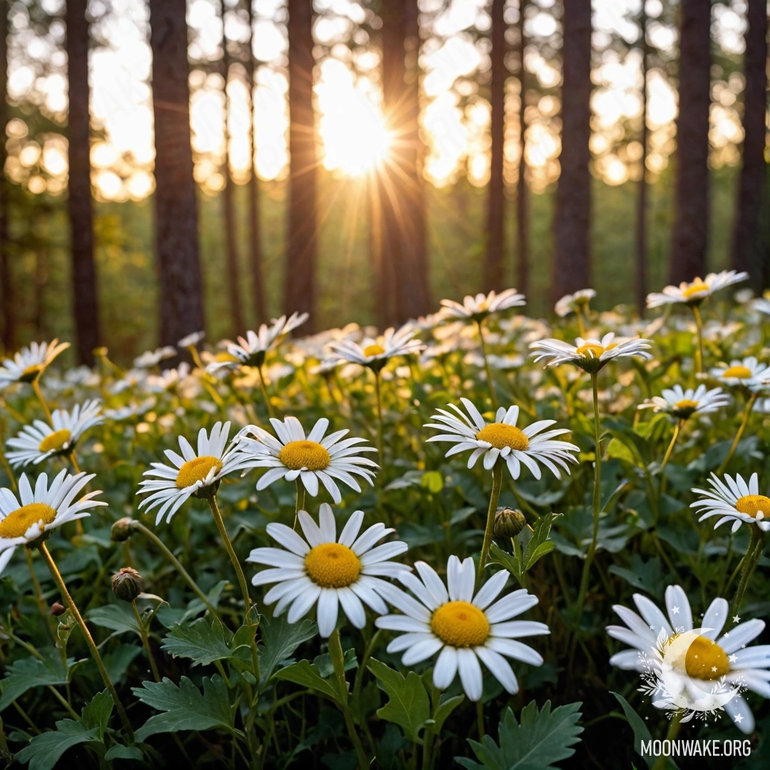 Свет заката, пробивающийся сквозь деревья, с крупным планом ромашек.