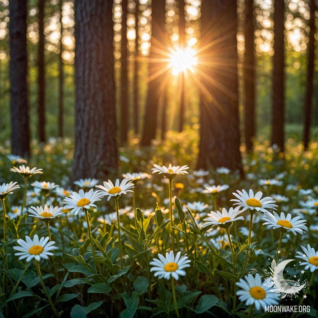 Яркий закат, пробивающийся сквозь деревья, с крупным планом ромашек и мерцающим гирляндным светом.