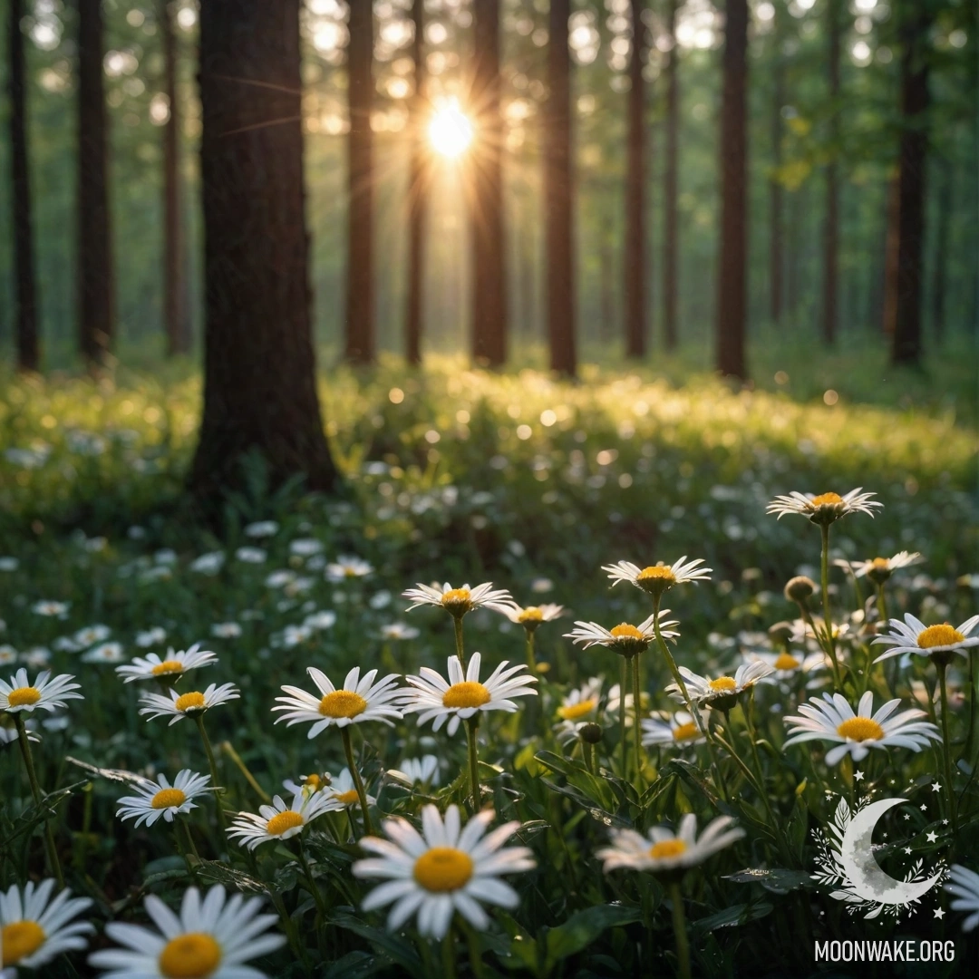 Крупный план ромашек под дождем с солнечными лучами заката, пробивающимися сквозь деревья в лесу.