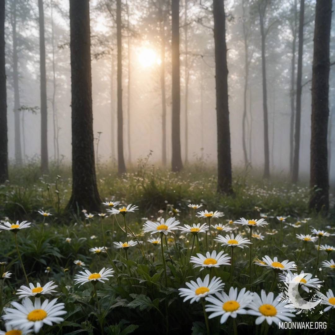 Крупный план ромашек, залитых светом заката в туманном лесу.
