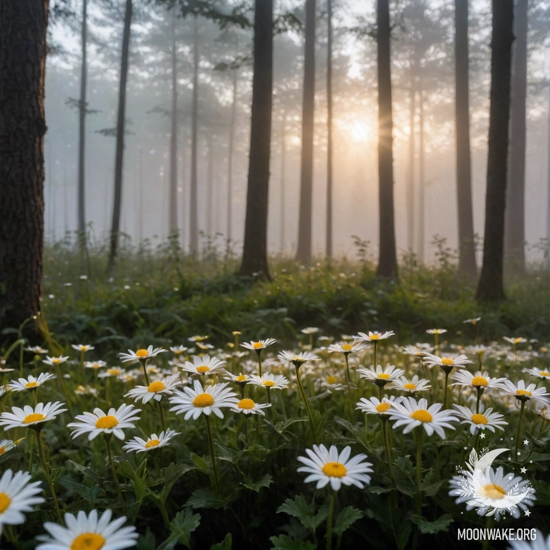 Близкий план ромашек, окружённых густым туманом, через деревья пробивается солнечный свет.