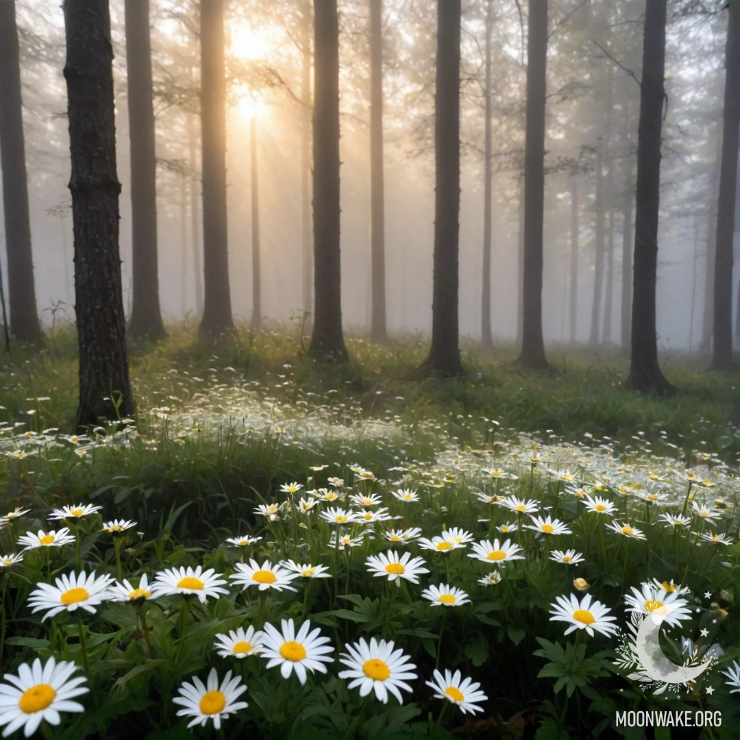 Крупный план ромашек в туманном лесу на закате, солнечные лучи пробиваются сквозь деревья.