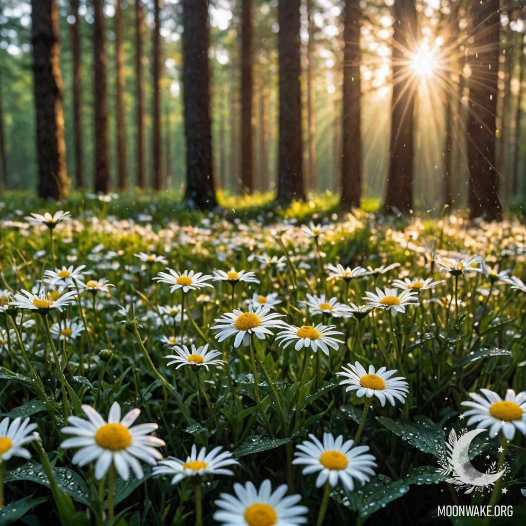 Крупный план ромашек под дождем на фоне заката солнца, светящего сквозь деревья в лесу.
