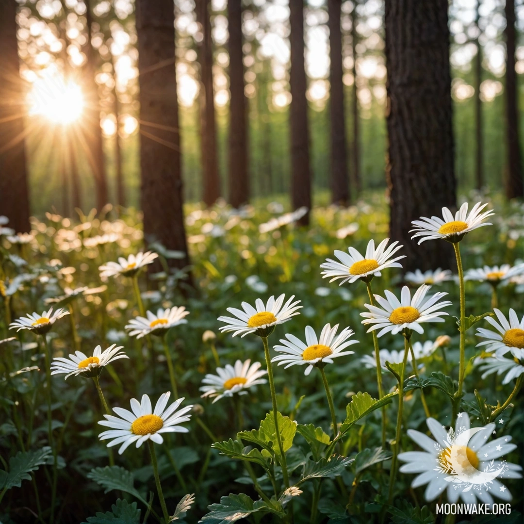 Крупный план ромашек, освещенных закатом в лесу.