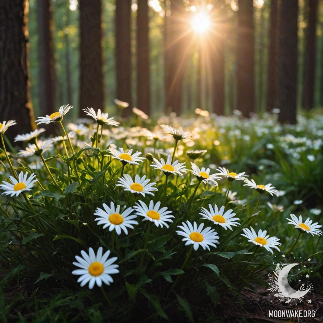 Крупный план ромашек, подсвеченных гирляндой, на закатном фоне леса.