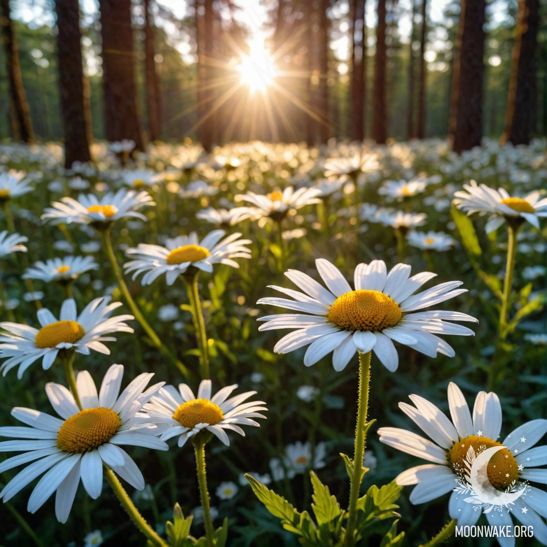Ракурс с близкого расстояния на ромашки, освещенные светом заката в лесу.