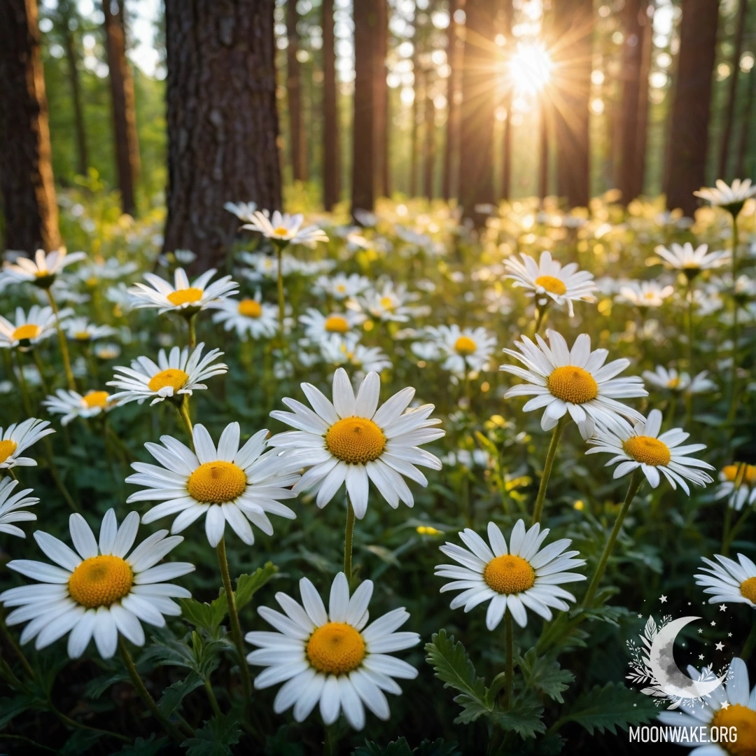 Крупный план ромашек, на фоне заката свет солнца пробивается сквозь деревья.