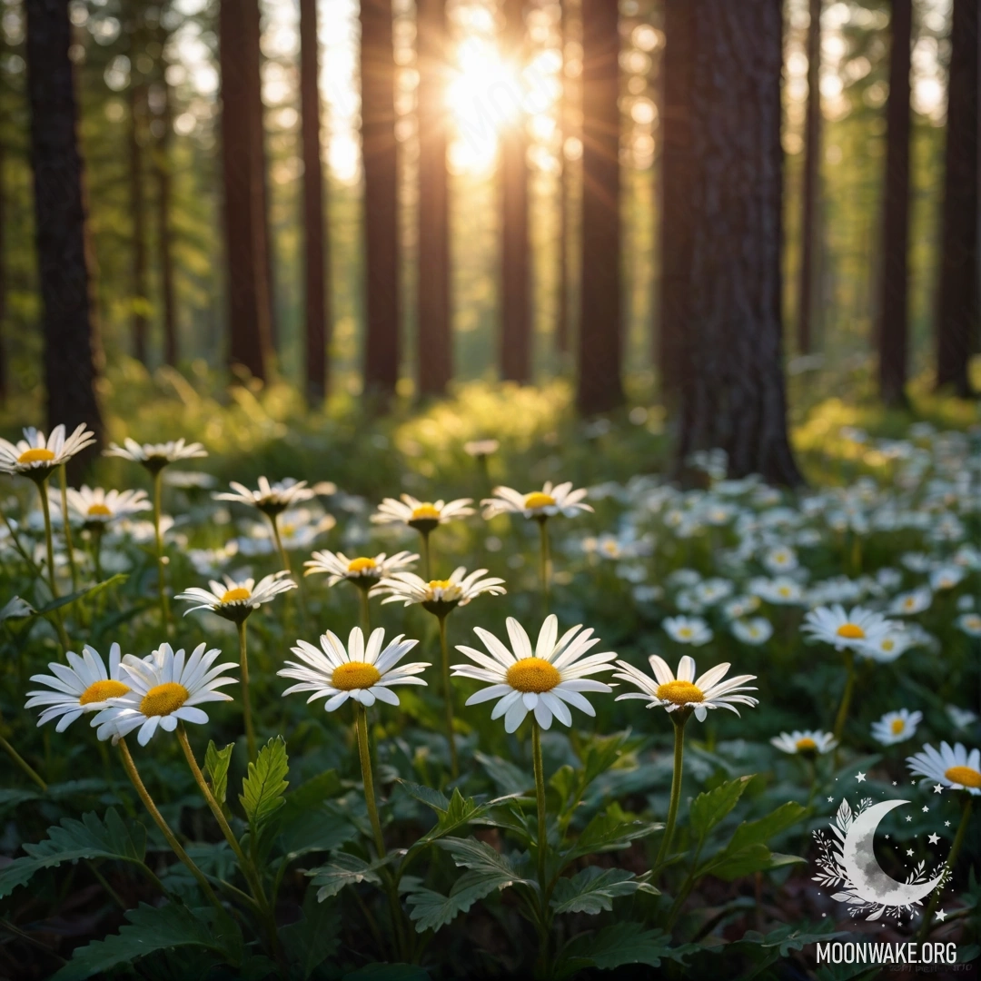 Крупный план ромашек, озарённых закатом в лесу.