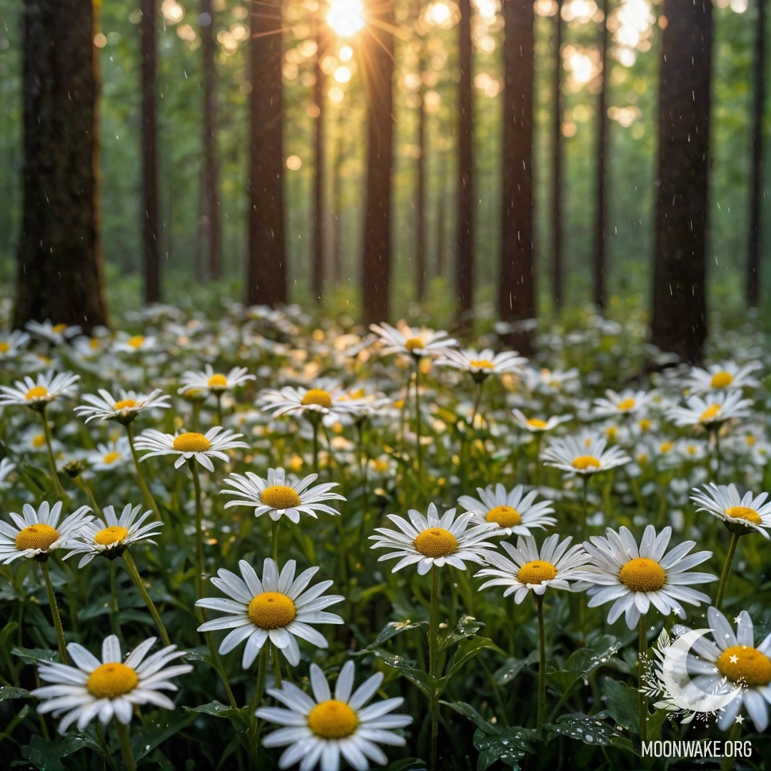 Крупный план ромашек под дождем, с солнечными лучами, пробивающимися сквозь деревья в лесу на закате.