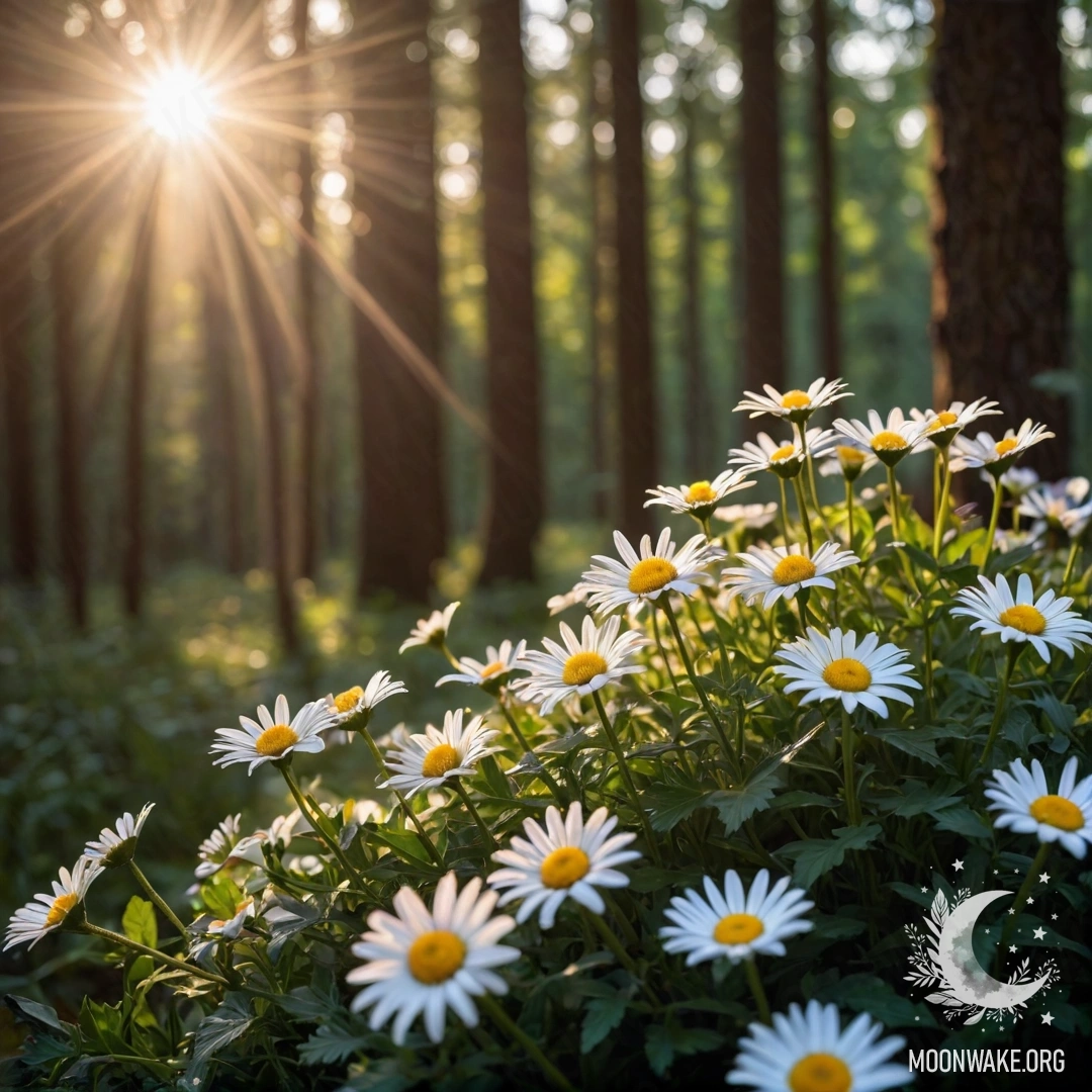 Крупный план ромашек с гирляндой света, солнечные лучи сквозь деревья.