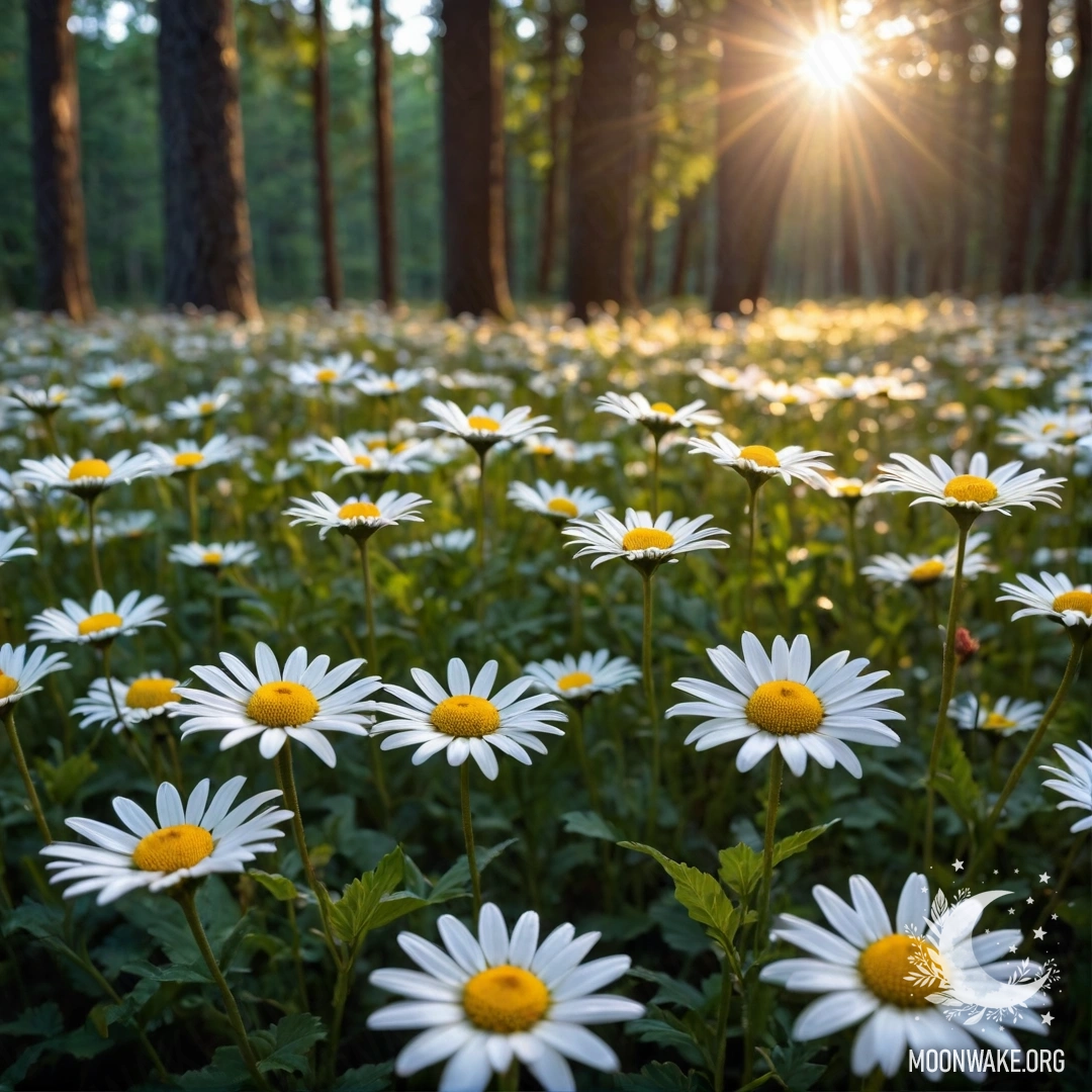 Крупный план ромашек под сумерками заката в лесу.