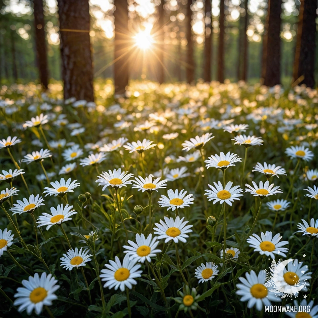 Крупный план ромашек, освещенных гирляндой, на фоне деревьев, silhouetted против закатного неба.