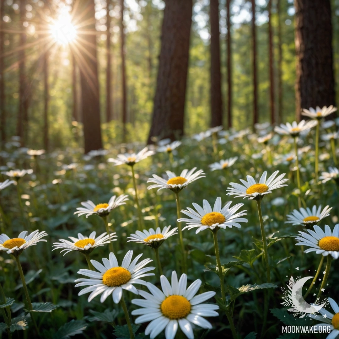 Ракурс на ромашки с солнечными лучами, пробивающимися сквозь деревья в лесу на закате.