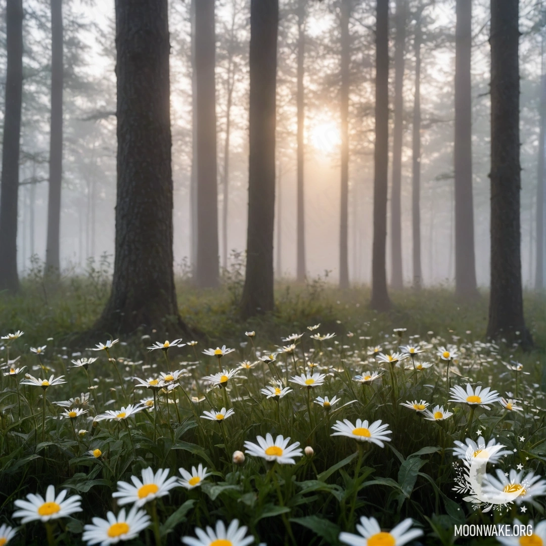 Крупный план ромашек в лесу на закате с густым туманом.
