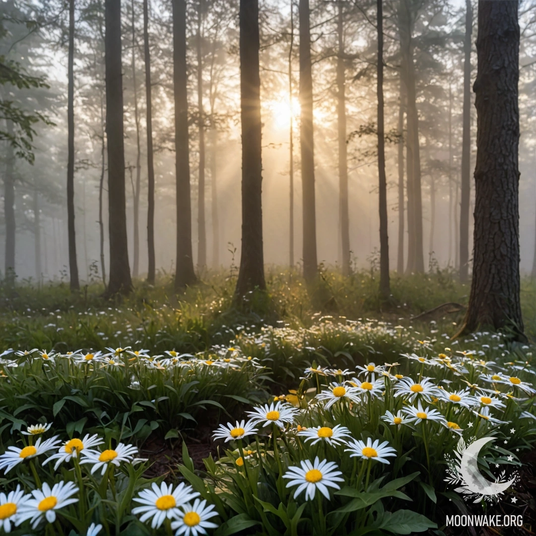 Крупный план ромашек на фоне заката, солнце светит сквозь деревья в туманном лесу.