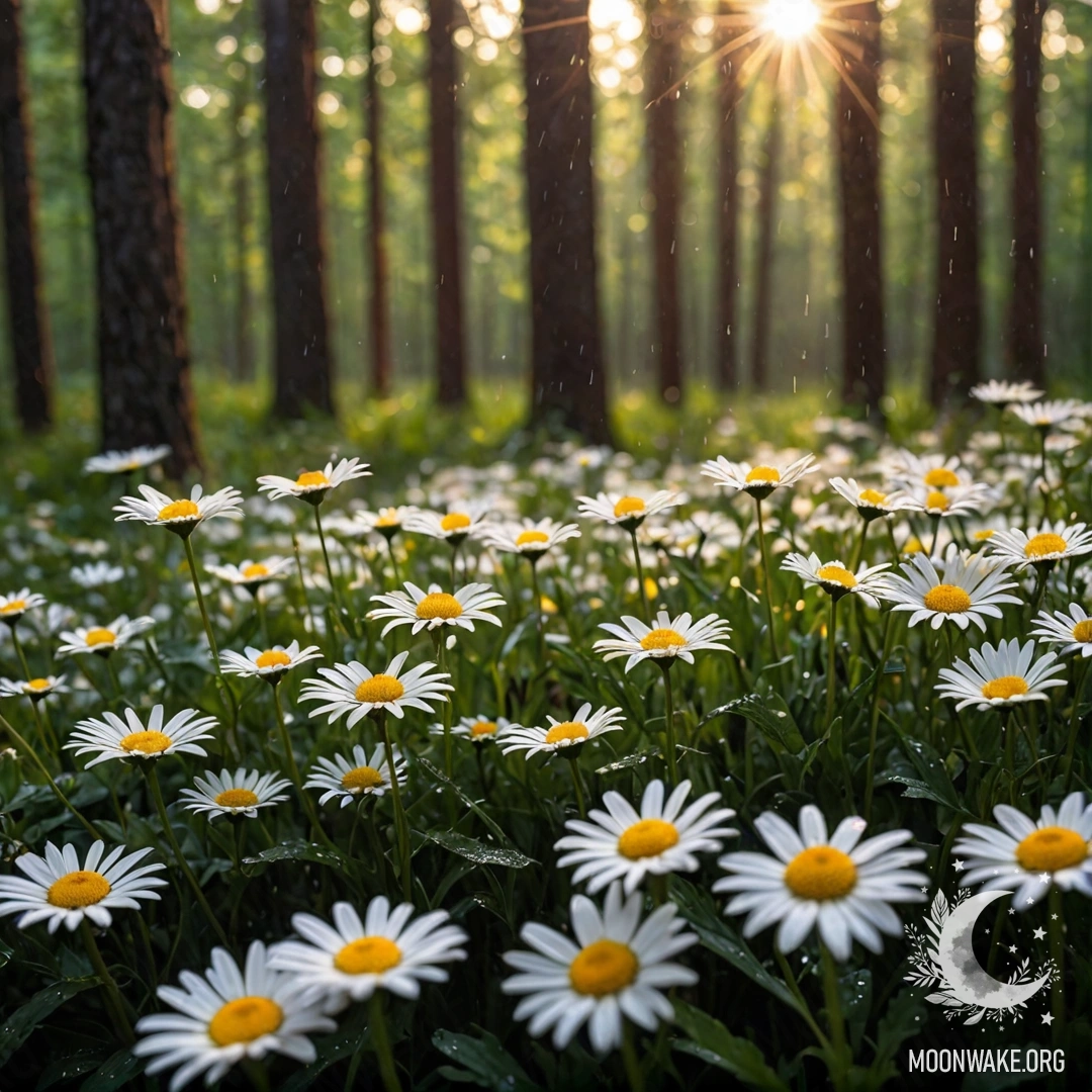 Крупный план ромашек под дождем с солнечными лучами, пробивающимися сквозь деревья.