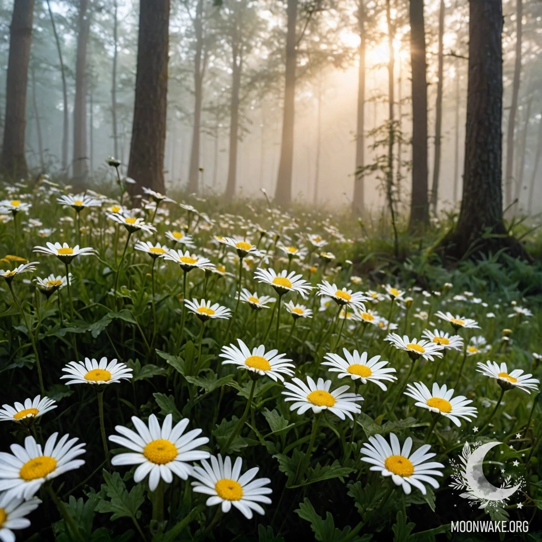 Крупный план ромашек на фоне солнечного света, пробивающегося сквозь деревья в туманном лесу.