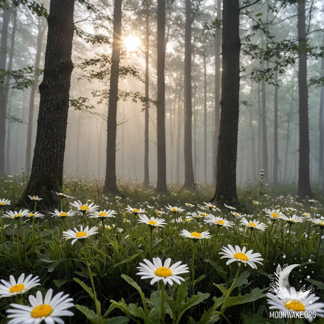 На переднем плане ромашки, освещённые закатом в туманном лесу.