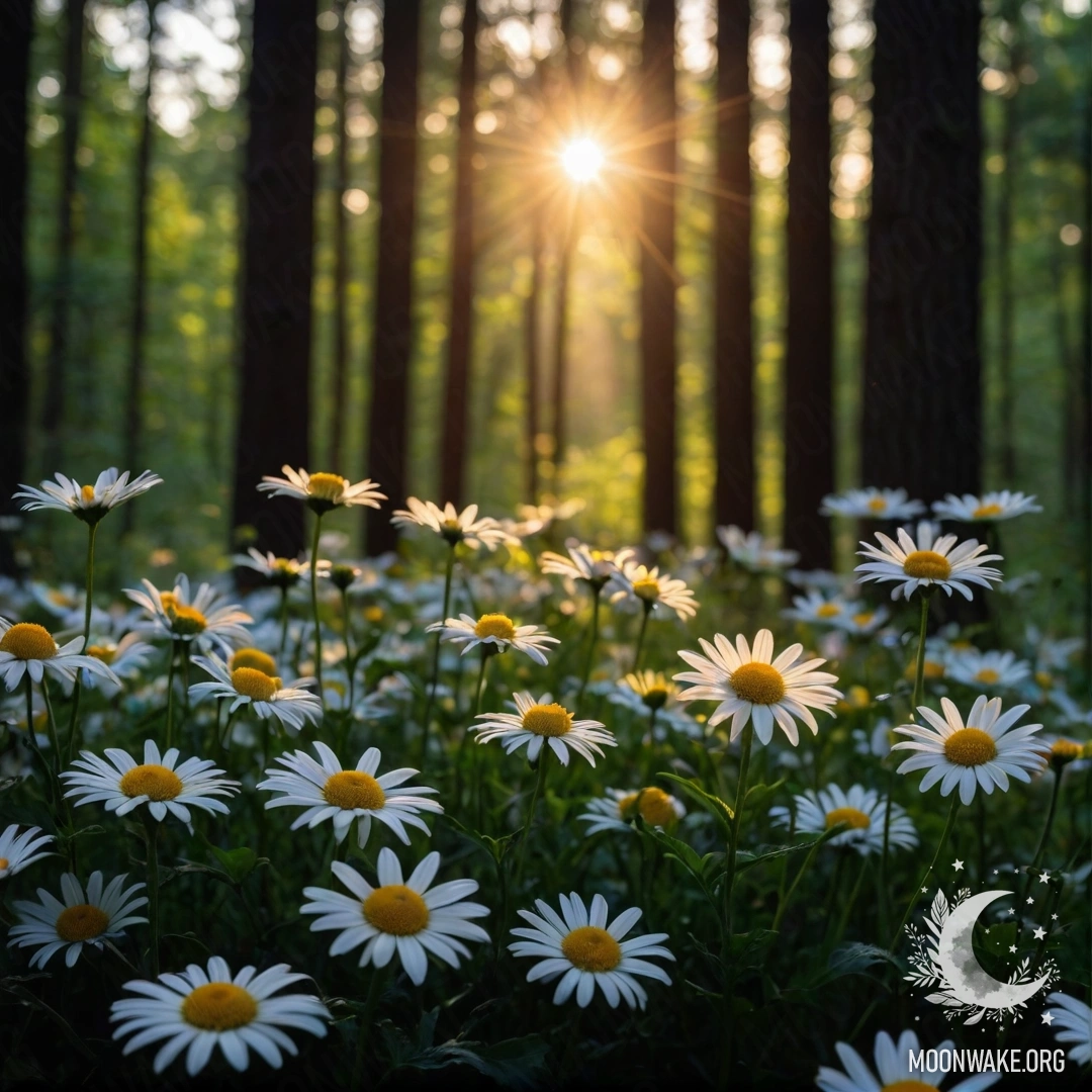 Ракурс ночных ромашек, освещенных лунным светом, на фоне заката, пробивающегося сквозь деревья.
