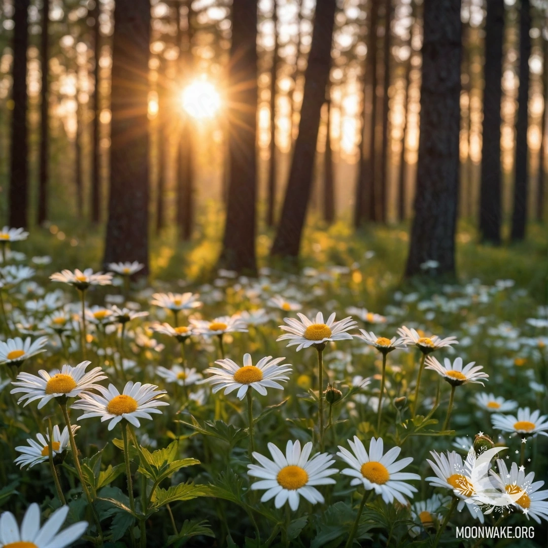 Крупный план ромашек на переднем плане с солнечными лучами, пробивающимися сквозь деревья на закате.