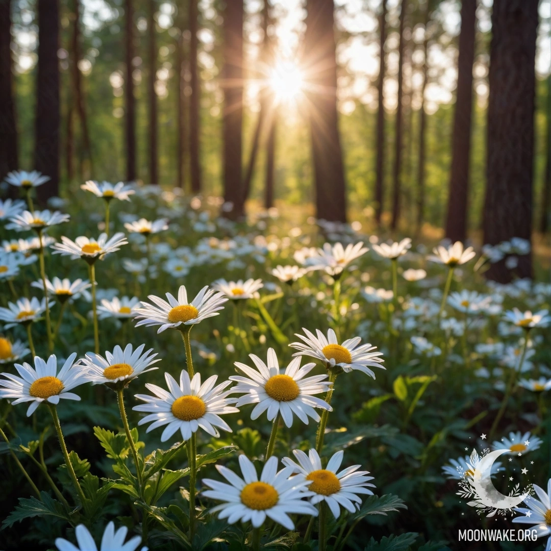 Макросъемка ромашек, освещенных лучами заката в лесу