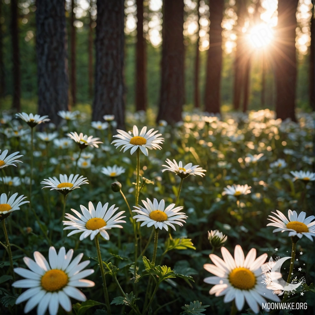 Макросъёмка ромашек ночью на фоне заката, светящегося сквозь деревья.