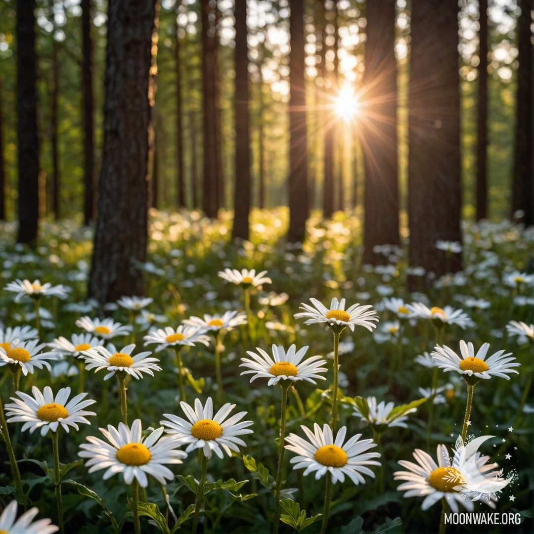 Крупный план ромашек в лесу, сквозь деревья пробивается солнечный свет на закате.