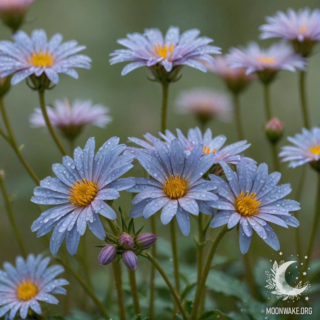 Нежный астер, украшенный каплями росы, на фоне зеленовато-голубого цвета.