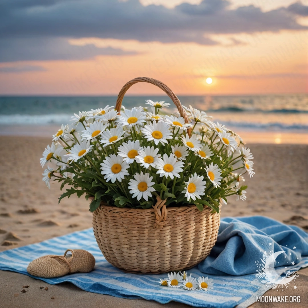 Соломенная сумка с синей скатертью и ромашками на песчаном пляже на закате, с дождем на заднем плане.