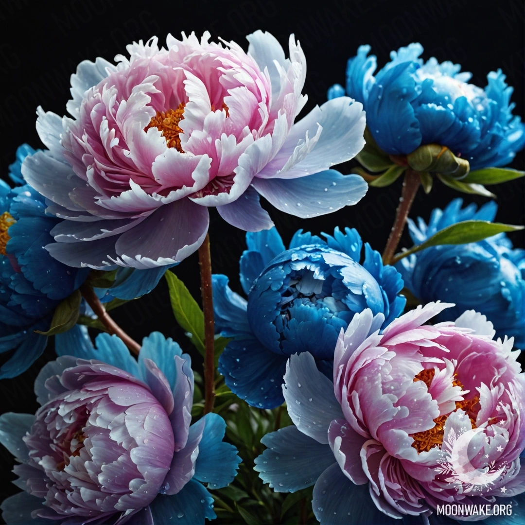 Букет голубых пионов, запечатлённый ночью, демонстрирует свою нежную красоту.