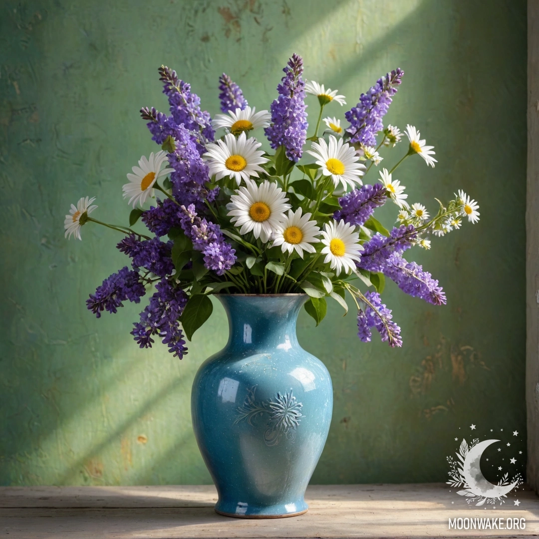 Старая синяя ваза, наполненная ромашками и сиреневыми цветами, на фоне зеленоватой стены с солнечными лучами