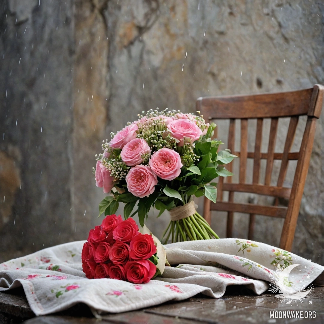 Фотореалистичное изображение кресла на фоне потрескавшейся стены, на котором лежит плед и букет цветов под дождем.