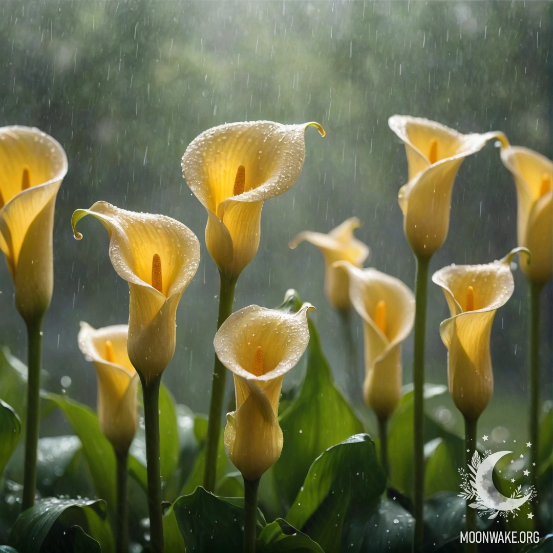 Фотография желтых лилий под дождем и в тумане.