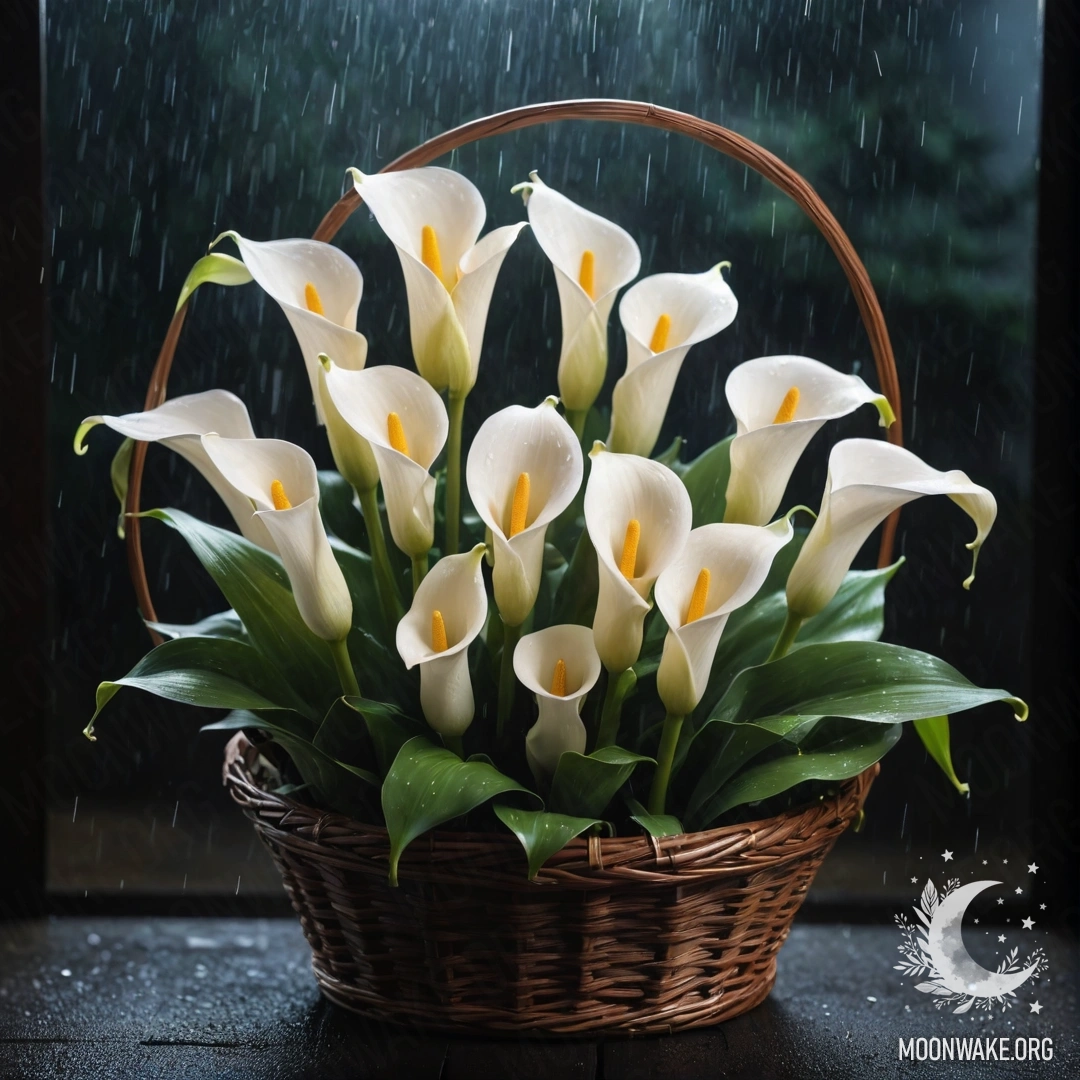 Корзина с кремово-желтыми лилиями, окруженная туманом и дождем ночью.
