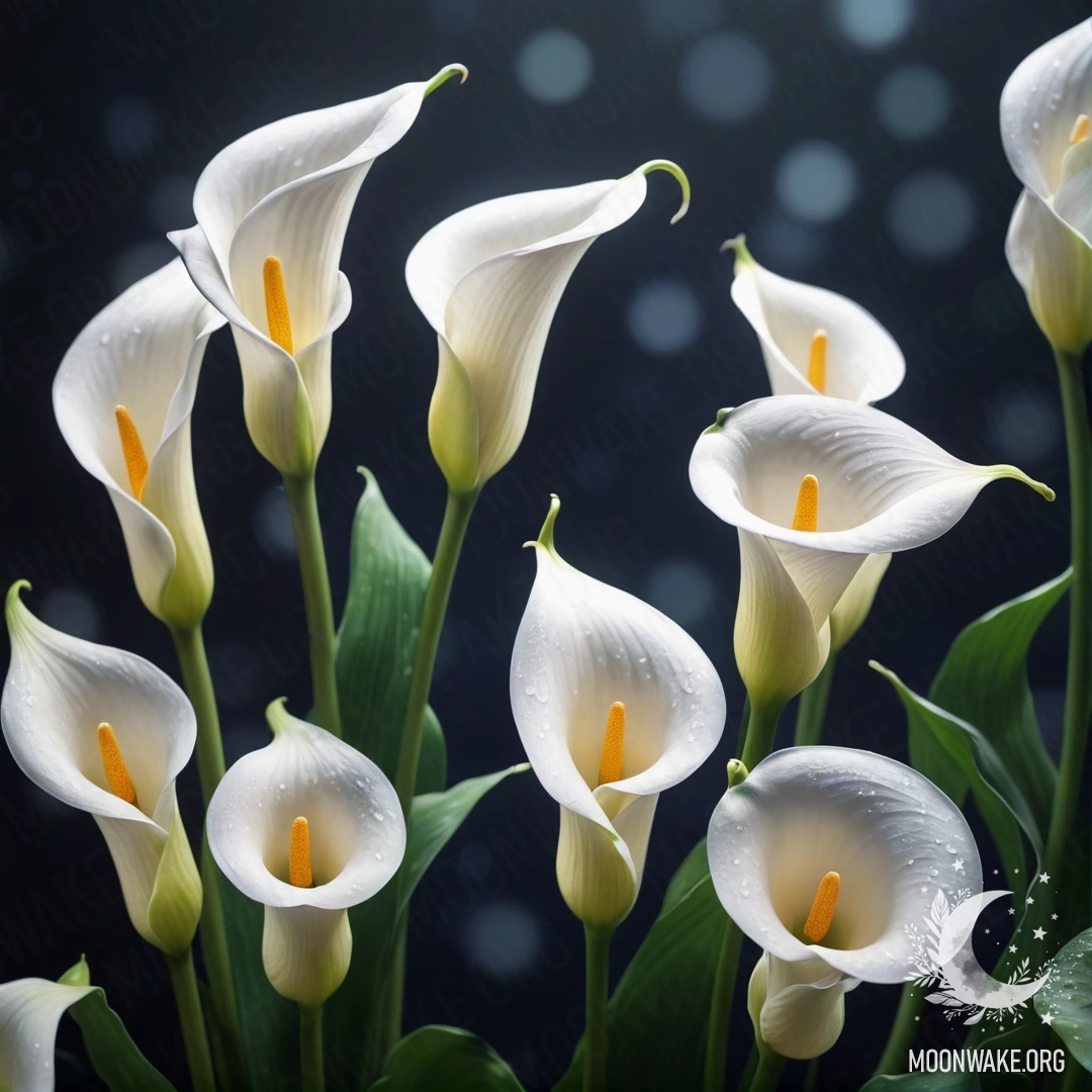 Сказочное изображение нежных лилий, окруженных дымкой ночью в пастельных тонах.