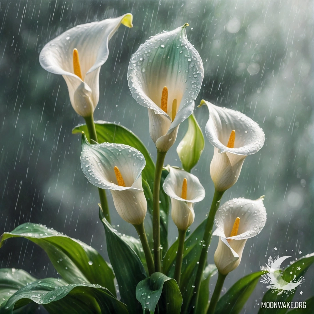 Собрание нежных мятных лилий, залитых дождем, освещенных солнечными лучами и сверкающих от блеска.