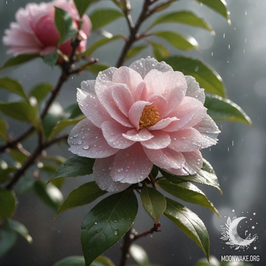 Нежный цветок камелии, окружённый туманом и дождем, с солнечными лучами.