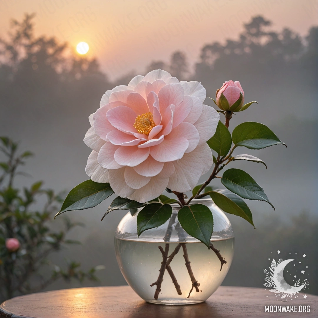 Нежный цветок камелии в вазе, окруженный туманом на закате.