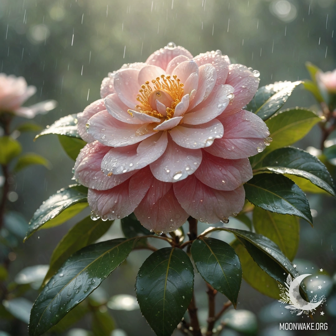 Золотая нежная камелия, распускающаяся в тумане, окружённая мягким дождём и солнечными лучами.