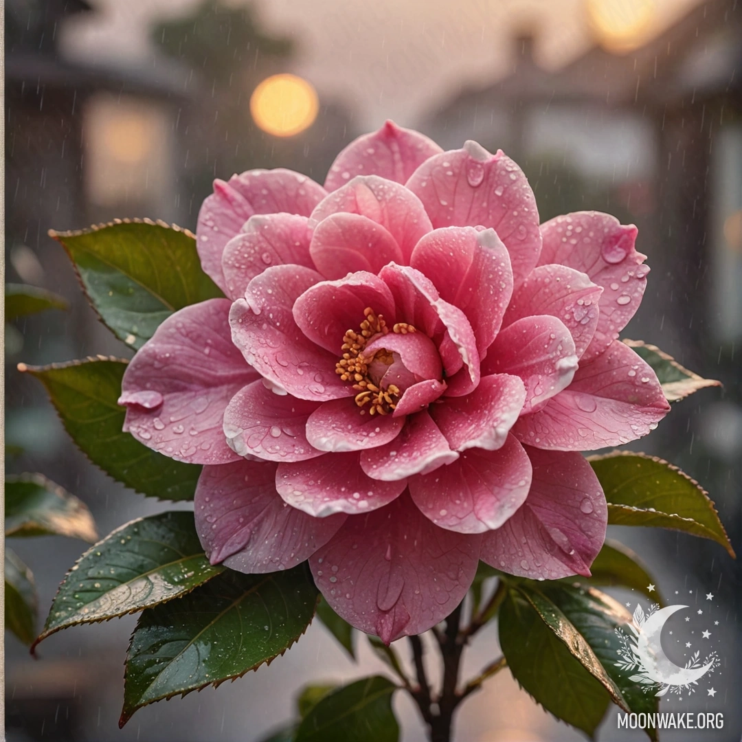 Цветущая камелия фуксиевого цвета в тумане и дожде на закате.