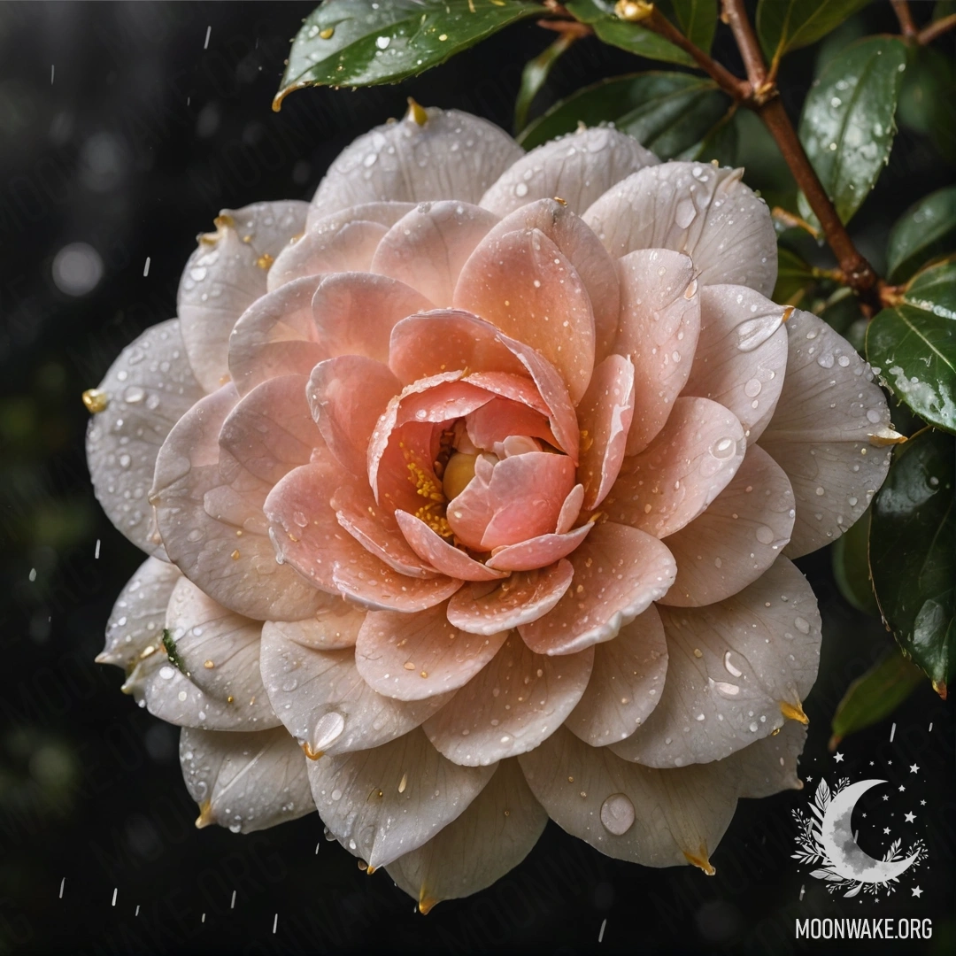 Золотая камелия, сверкающая под дождем в ночное время.