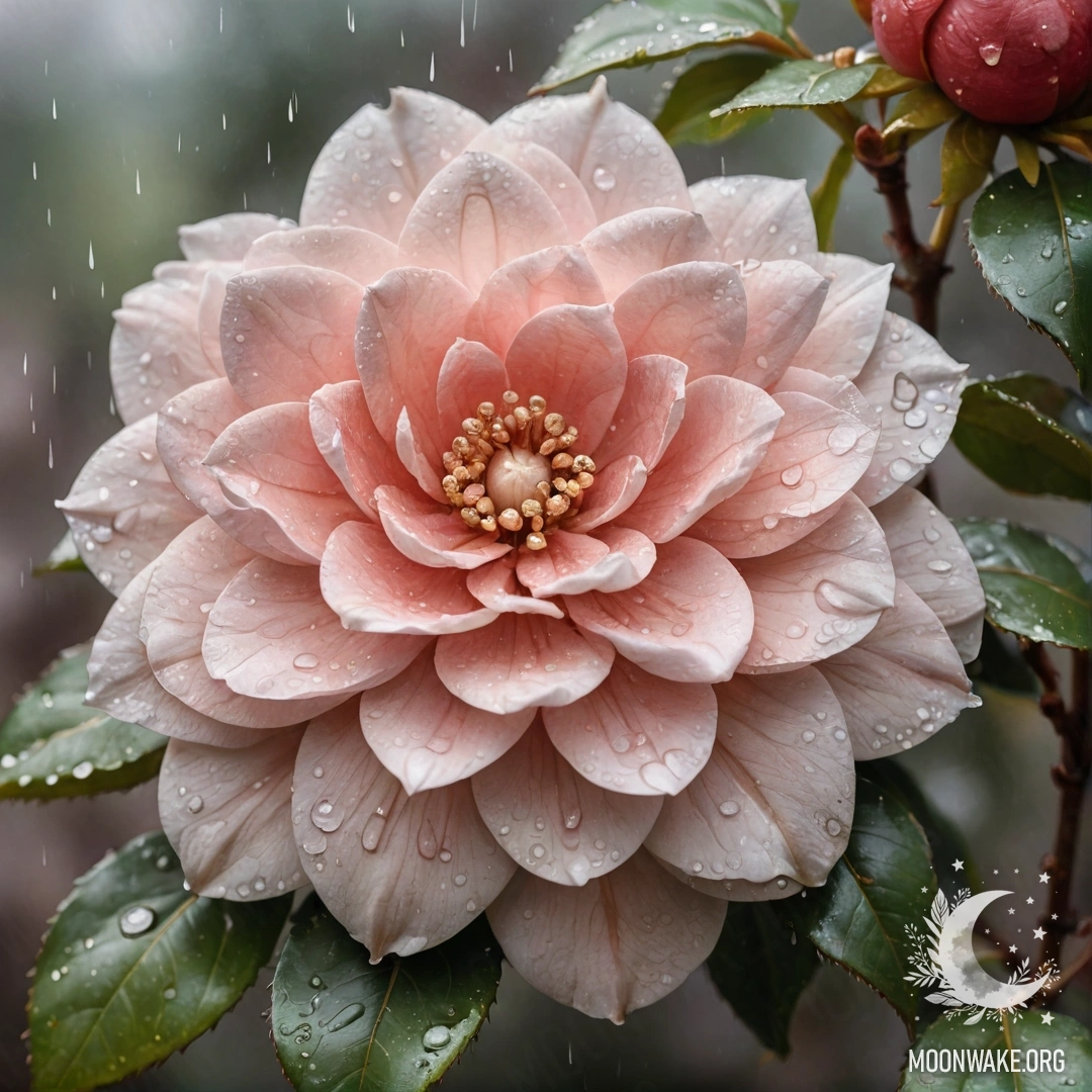 Акварельная живопись с нежной камелией кофеевого цвета, украшенной стразами, под дождём.