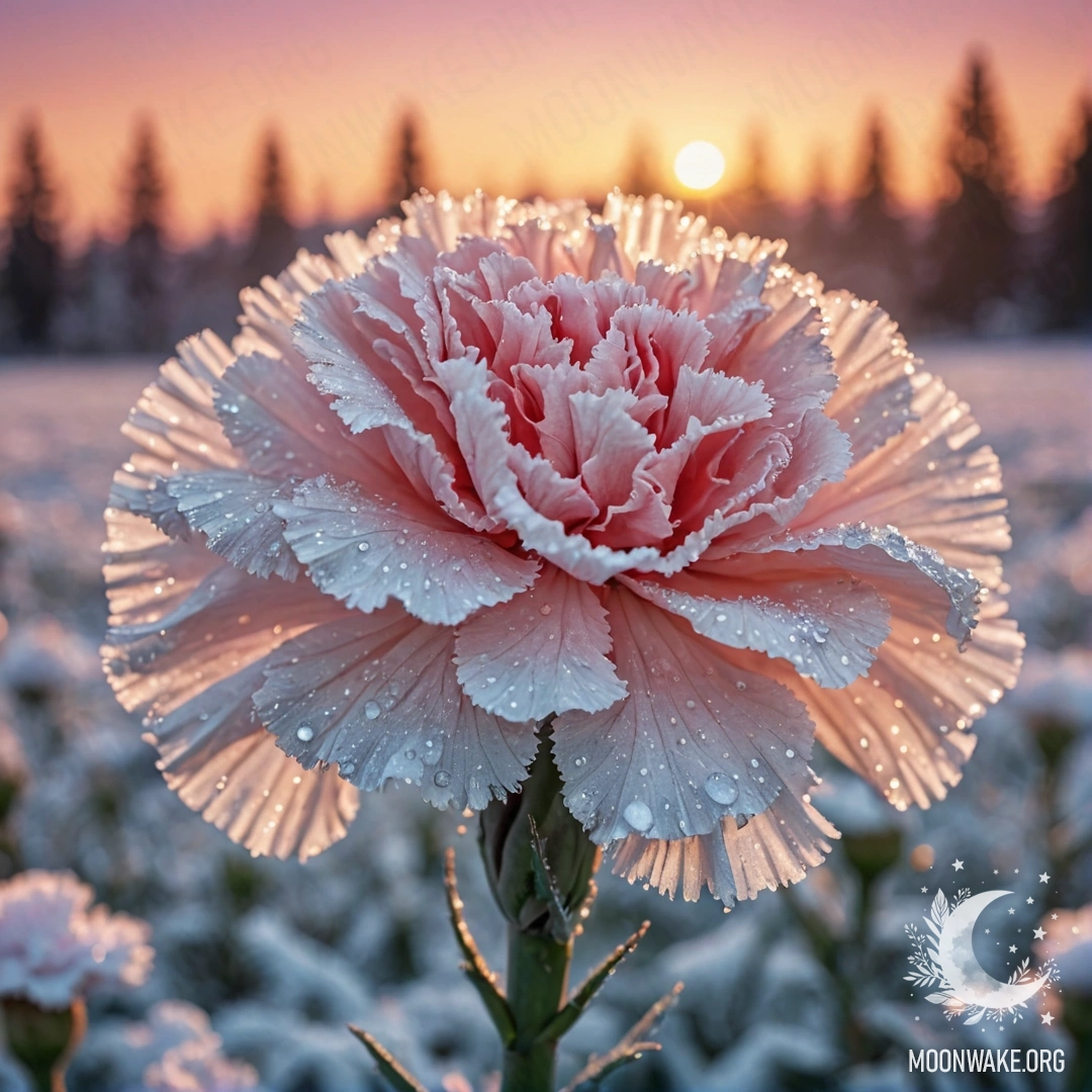 Нежная гвоздика, покрытая морозом на фоне заката, украшенная блестками.