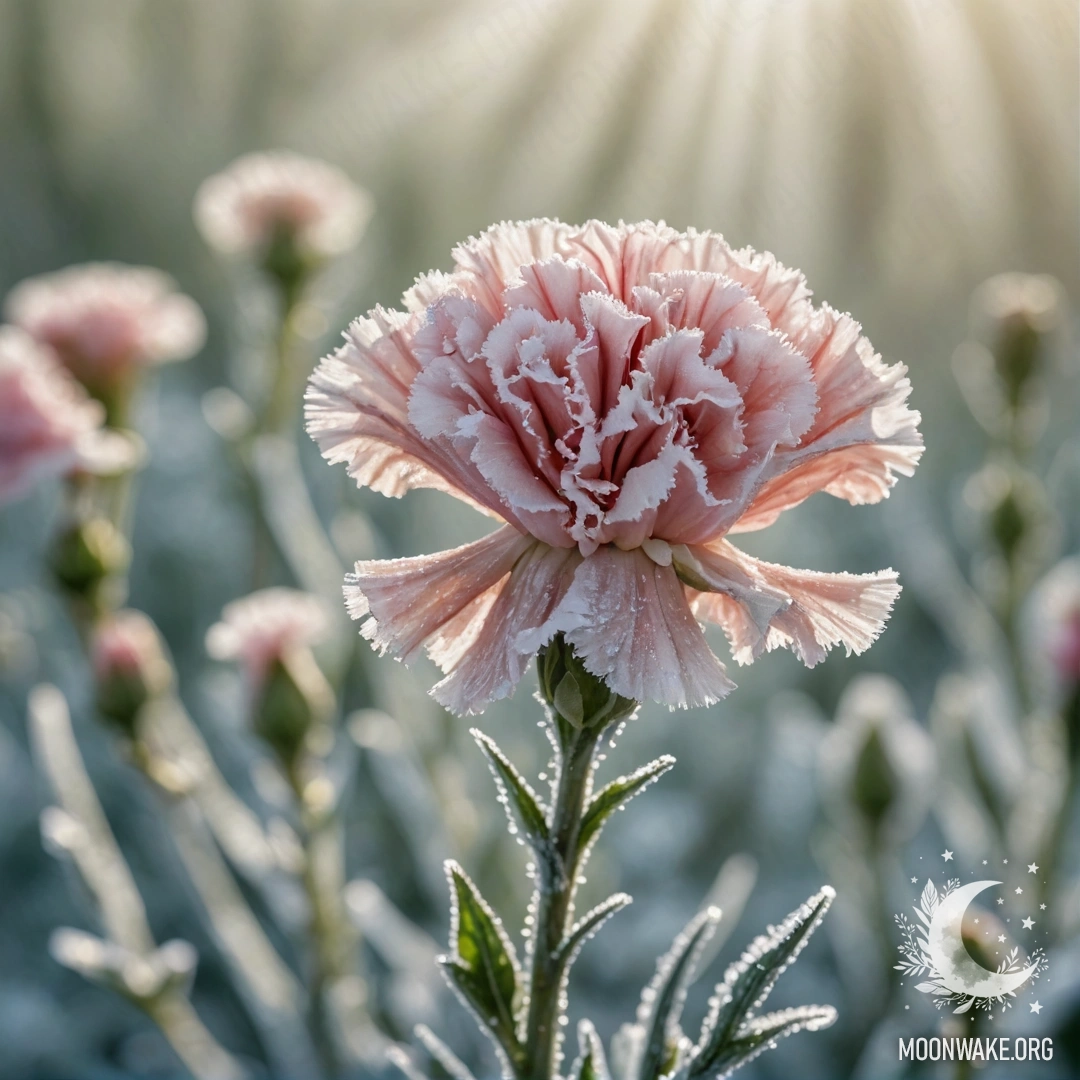 Нежная гвоздика, окруженная инеем, освещенная солнечными лучами.